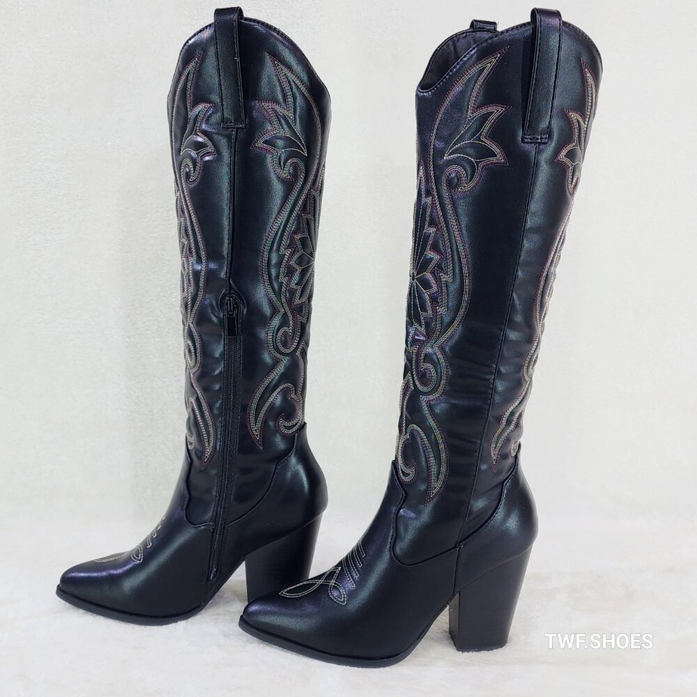 Elegant Black Embroidered Heeled Boots